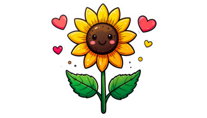 Cartoon sunflower with a smiling face, surrounded by floating hearts, against black