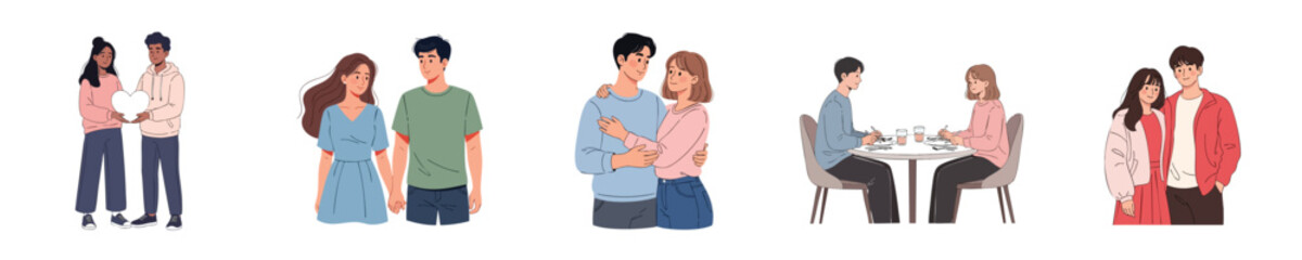 Fototapeta premium Modern Flat Vector Illustration Of Happy Couples Sharing Romantic Daily Moments