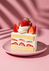 Delicious slice of layered cake topped with fresh red berries and whipped cream rests on a pastel dish