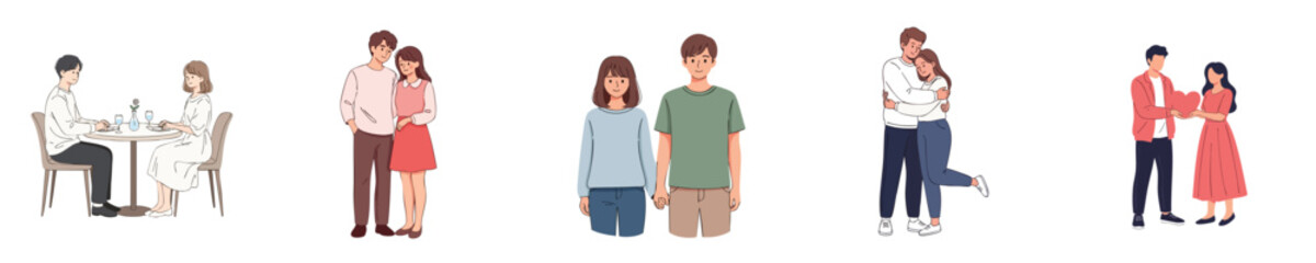 Fototapeta premium Modern Flat Vector Illustration Of Loving Couples Showing Romantic Daily Moments