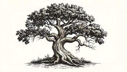 Pen and ink illustration of a large, mature tree. Detailed, intricate, and stylized with roots, trunk, branches, and full foliage