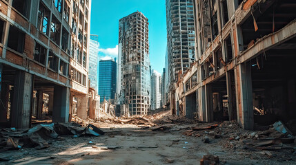 Ruined Set of Skyscrapers in an Abandoned City with Broken Glass on transparent background