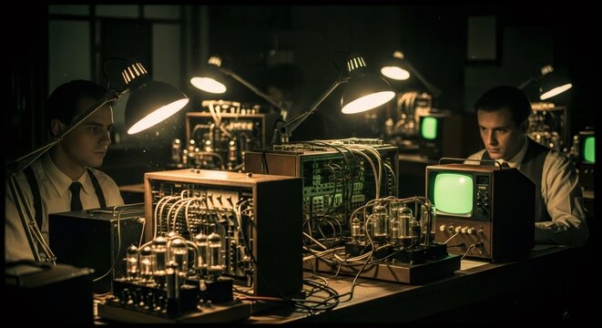 Two men working in a dark room with vintage computer equipment creating a retro-futuristic laboratory setting for science experiments.