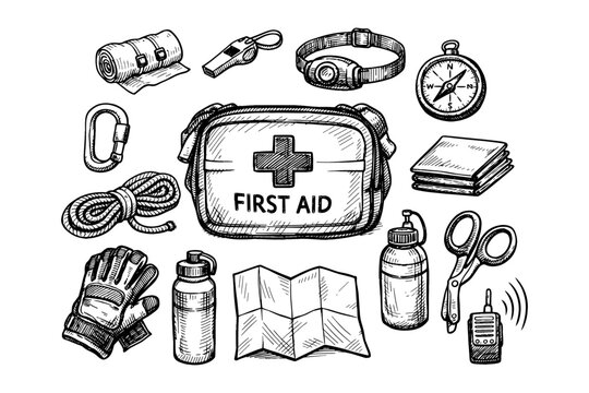 Essential hiking gear: first aid, compass, map, and survival tools - Powered by Adobe