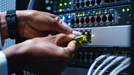 Technician connecting network cables in a server room with glowing equipment