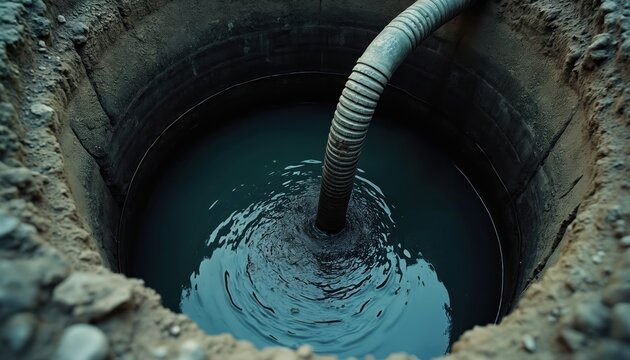 A flexible pipe empties sludge from a circular concrete pit. Dirty water swirls violently as fluid is pumped out of the deep well. Ground surrounds the excavation.