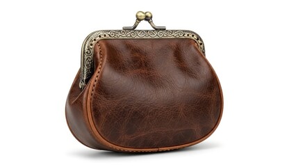 Brown leather purse with metal clasp on white background
