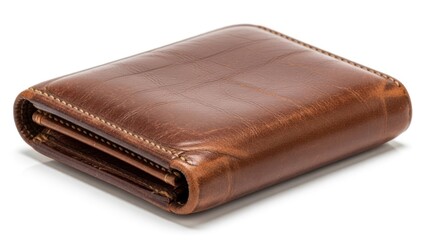 Brown leather wallet with stitching on a white background, showcasing texture and detail.