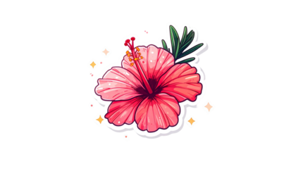 A vibrant, cartoon hibiscus flower with a green leaf on a sticker with sparkles
