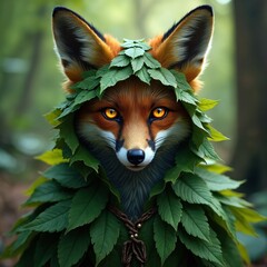 Fototapeta premium A mystical fox spirit with bright eyes wears a cloak made of green leaves. This magical creature stands in a rich forest, its form blending with nature serene beauty and vibrant plant life.