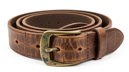 Brown leather belt with brass buckle coiled on a white background.