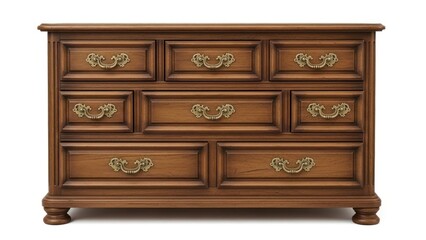 Brown wooden dresser with gold hardware on a white background
