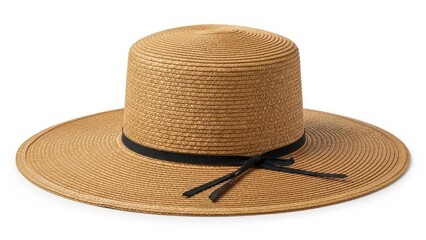 Straw hat with black ribbon on white background