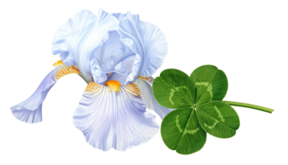 Detailed rendering of a pastel blue iris and a lucky four-leaf clover against a dark background