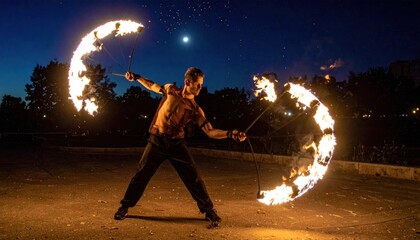 Fire performer twirling flaming torches at night, creating a mesmerizing display.