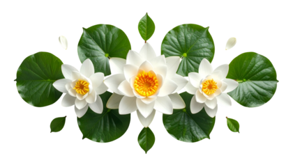 Three white water lilies with yellow centers, surrounded by lily pads and leaves
