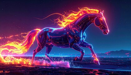 Fiery Horse Galloping Through a Neon Landscape.