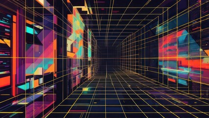 Abstract Cyberpunk Cityscape with Neon Grid and Geometric Shapes.