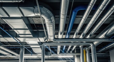 Complex network industrial ventilation ducts metallic pipes running across dark ceiling, for infrastructure, engineering systems, building maintenance solutions