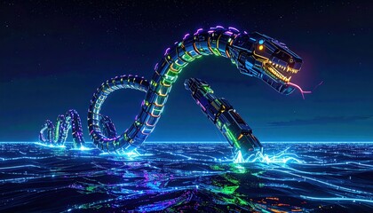 Cybernetic Serpent Emerges from Glowing Waters - A Futuristic Aquatic Scene.