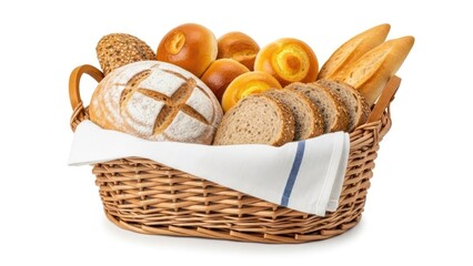 A wicker basket filled with various types of bread on a white napkin