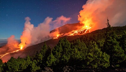 Fiery Volcanic Eruption - Nighttime Landscape of Lava Flow and Smoke.