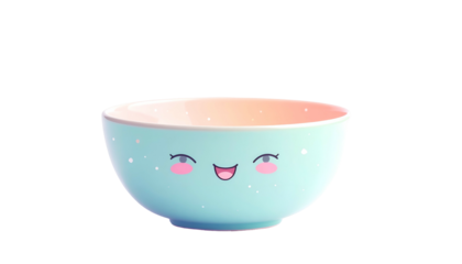 Adorable animated bowl with kawaii eyes, rosy cheeks, open smile, and starry speckles