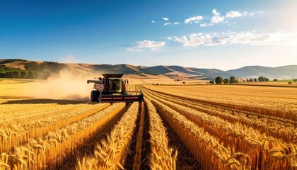Combine Harvester Working in a Golden Wheat Field Under a Blue Sky.