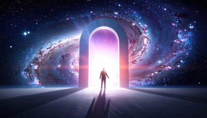 Astronaut Standing Before a Cosmic Gateway to Another Dimension.