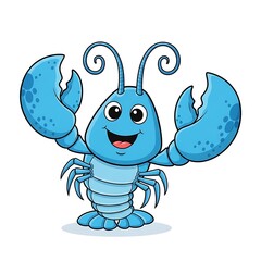 Cheerful cartoon illustration depicts a brightly colored crustacean waving with large claws
