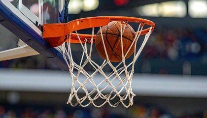 Basketball going through the net during a game.