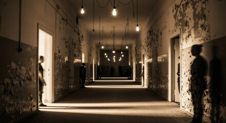 Haunting hallway with shadowy figures lurking in doorways, illuminated by hanging light bulbs. Mysterious abandoned asylum scene for horror story concept.