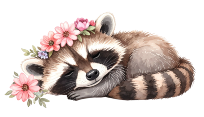 A watercolor raccoon sleeps peacefully adorned with a floral crown, eyes closed
