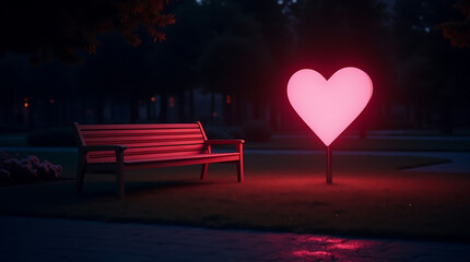 Glowing Pink Neon Heart in Night Park