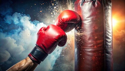 Boxers Powerful Punch - Red Gloves Hitting Heavy Bag.