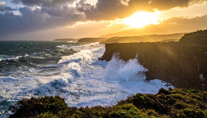 Dramatic Sunset Over Rugged Coastline with Crashing Waves.