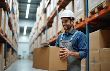 Smiling warehouse worker in hard hat carries box. Employee uses tablet for inventory check, organizing goods on tall shelves. Man works indoors in modern logistics center.