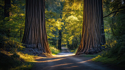 Two Separate Giant Redwood Trees Stately Vertical Forms on transparent background