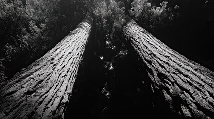 Two Separate Giant Redwood Trees Stately Vertical Forms on transparent background