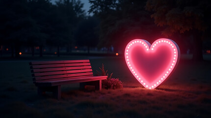 Neon Heart Light in Night Garden Park