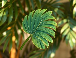 simple whimsical illustration of stylized cute palm leaf with intricate details and soft textures, set against cozy motion blur background
