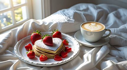 Romantic Heart Pancake Breakfast and Coffee