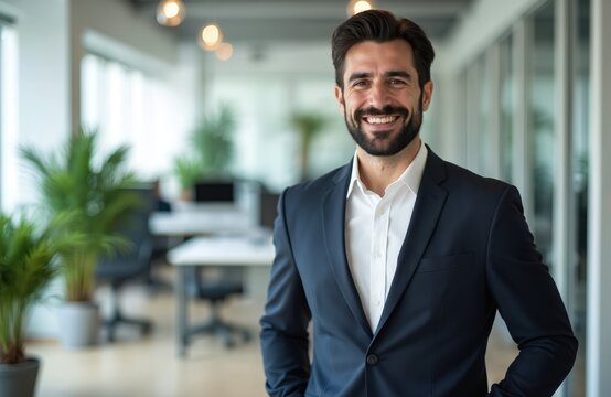 Smiling man in dark suit stands in modern office. He has dark hair and beard. White shirt, no tie. Plants and desks visible in background. He looks successful and confident.