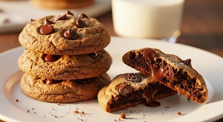Stack of warm chocolate chip cookies displays gooey melting centers alongside a glass of cold milk