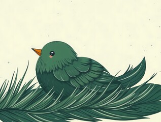 simple illustration of cute cozy doodle with beautiful dark green viridian vintage color trends and a feather texture background