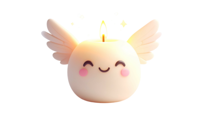 Cute, glowing, winged candle character with a smiling face and soft, pastel colors