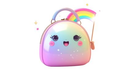 Adorable, pastel-colored purse with a rainbow flag, kawaii face, and sparkling effects