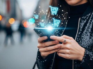 Woman shopping online with smartphone in city