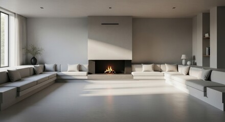 Minimalist modern living room interior with large built-in sectional sofa centered around contemporary fireplace with burning logs, for comfort luxury home design
