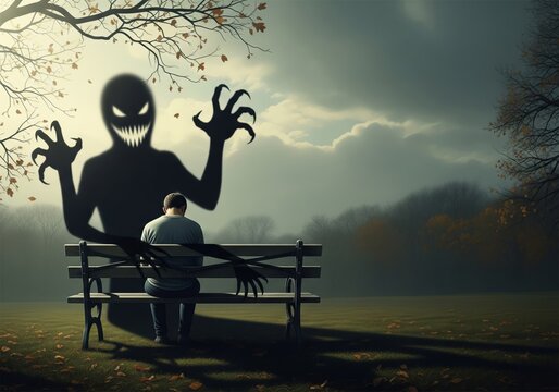 Man sitting on park bench facing giant monster shadow representing mental health anxiety and inner demons
